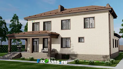 Проект двухэтажного дома 17 на 18, площадью 410 м² с террасой, цокольным этажом, баней, гаражом на 1 машину и 5 спальнями — фасад 2