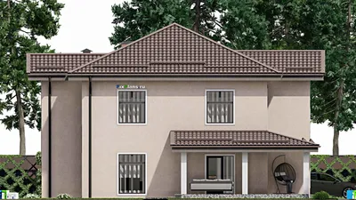 Проект двухэтажного дома 15 на 15, площадью 240 м² с террасой, балконом, баней, гаражом на 1 машину и 3 спальнями — фасад 4