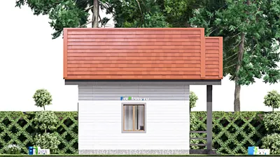 Проект бани 7 на 8, площадью 50 м² с комнатой отдыха, мансардой, санузлом и спальней — фасад 4
