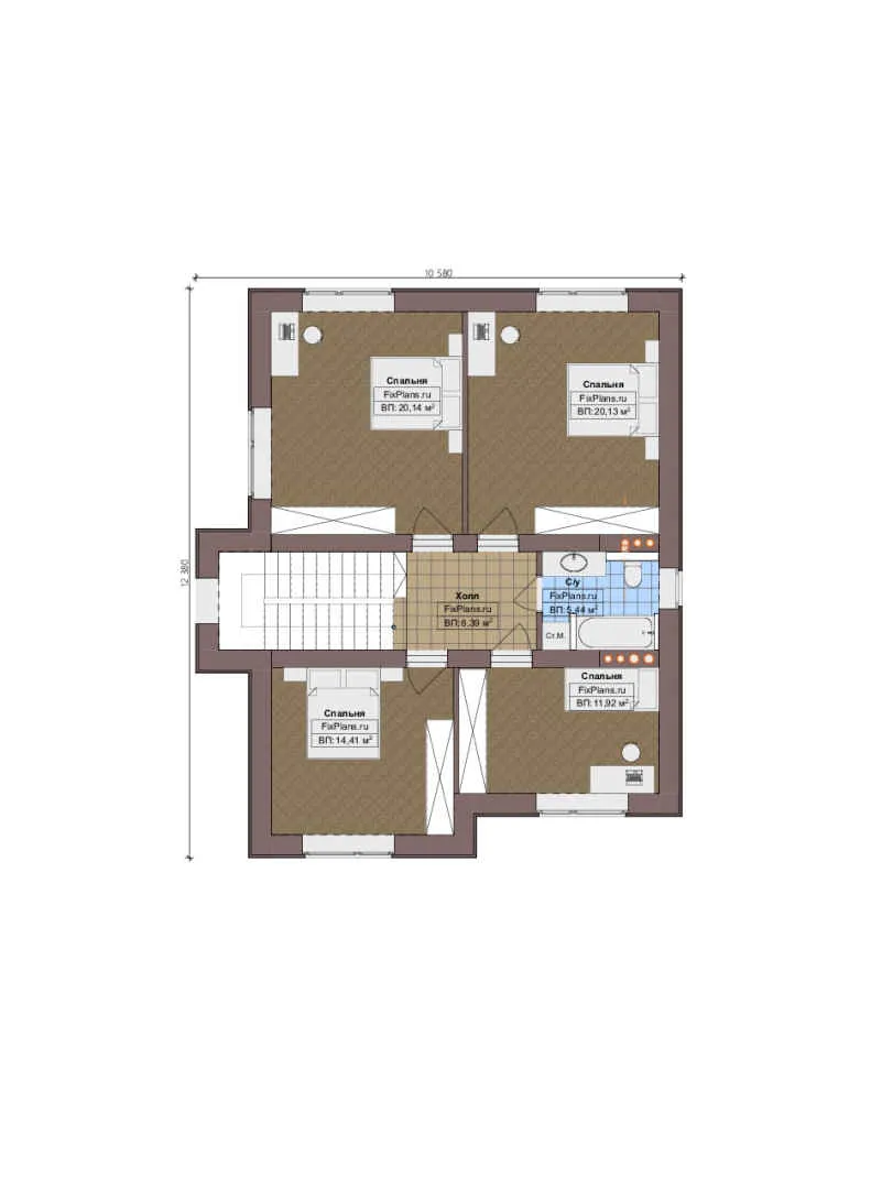 Проект двухэтажного дома 13 на 17, площадью 230 м² с террасой и 5 спальнями — 2-й этаж