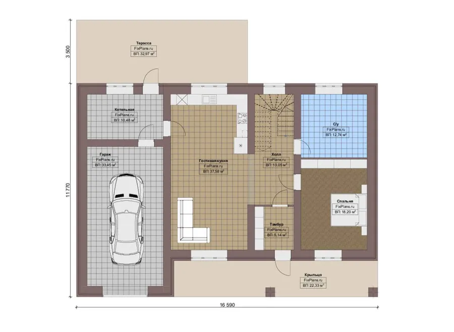 Проект дома с мансардой 12 на 17, площадью 280 м² с террасой, балконом, гаражом на 1 машину и 4 спальнями — 1-й этаж