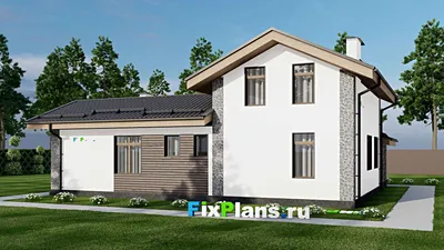Проект дома с мансардой 10 на 15, площадью 170 м² с террасой, баней и 2 спальнями — фасад 2