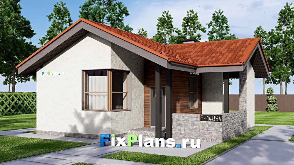 Проект бани 9 на 10, площадью 60 м² с комнатой отдыха, терассой и санузлом (F-14894) — фасад 1