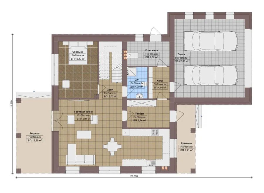 Проект двухэтажного дома 12 на 21, площадью 260 м² с террасой, гаражом на 2 машины и 5 спальнями — 1-й этаж