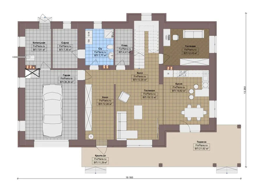 Проект двухэтажного дома 14 на 20, площадью 250 м² с террасой, баней, гаражом на 1 машину и 4 спальнями — 1-й этаж