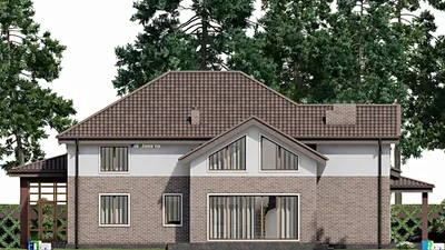 Проект дома с мансардой 17 на 22, площадью 310 м² с террасой, гаражом на 1 машину и 6 спальнями — фасад 4