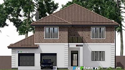 Проект двухэтажного дома 16 на 19, площадью 340 м² с террасой, гаражом на 2 машины и 5 спальнями — фасад 3
