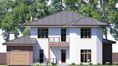 Проект двухэтажного дома 19 на 20, площадью 360 м² с террасой, балконом, гаражом на 1 машину и 5 спальнями — фасад 3