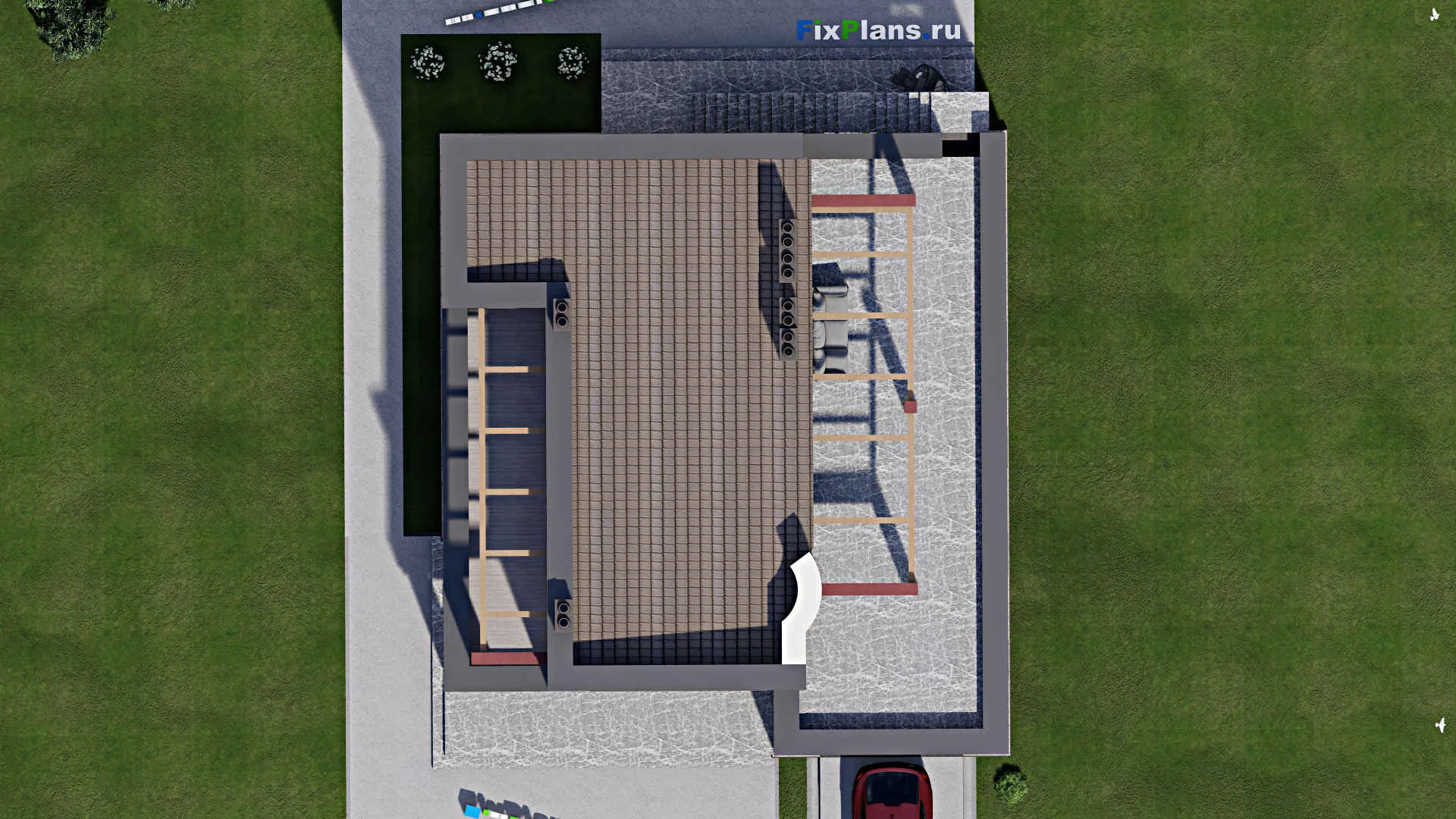 F-4985 - Проект двухэтажного дома 14 на 16, площадью 350 м² с террасой, балконом, баней, гаражом на 1 машину и 5 спальнями