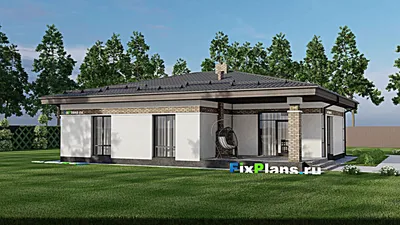 Проект одноэтажного дома 16 на 18, площадью 180 м² с террасой, баней, гаражом на 1 машину и 2 спальнями — фасад 2