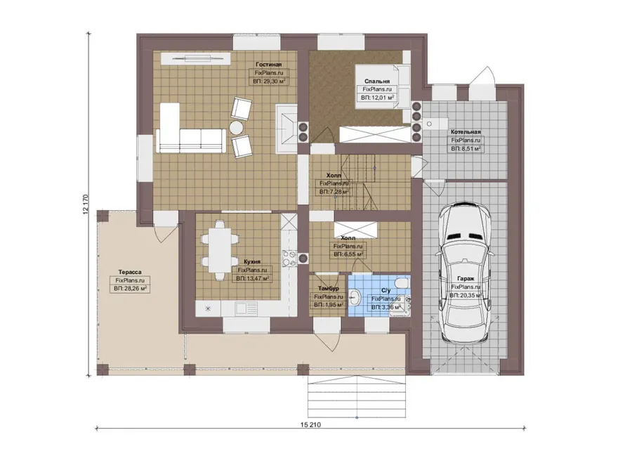Проект дома с мансардой 13 на 16, площадью 250 м² с террасой, балконом, гаражом на 1 машину и 6 спальнями — 1-й этаж