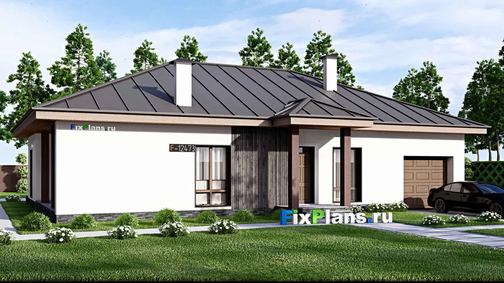 Проект одноэтажного дома 16 на 19, площадью 210 м² с террасой, гаражом на 1 машину и 2 спальнями — фасад 1