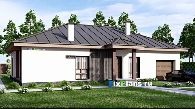 Проект одноэтажного дома 16 на 19, площадью 210 м² с террасой, гаражом на 1 машину и 2 спальнями