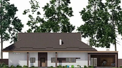 Проект одноэтажного дома 14 на 26, площадью 210 м² с террасой, баней и 2 спальнями — фасад 3