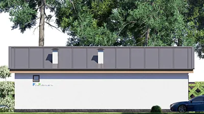Проект бани 8 на 14, площадью 70 м² с комнатой отдыха и терассой — фасад 4