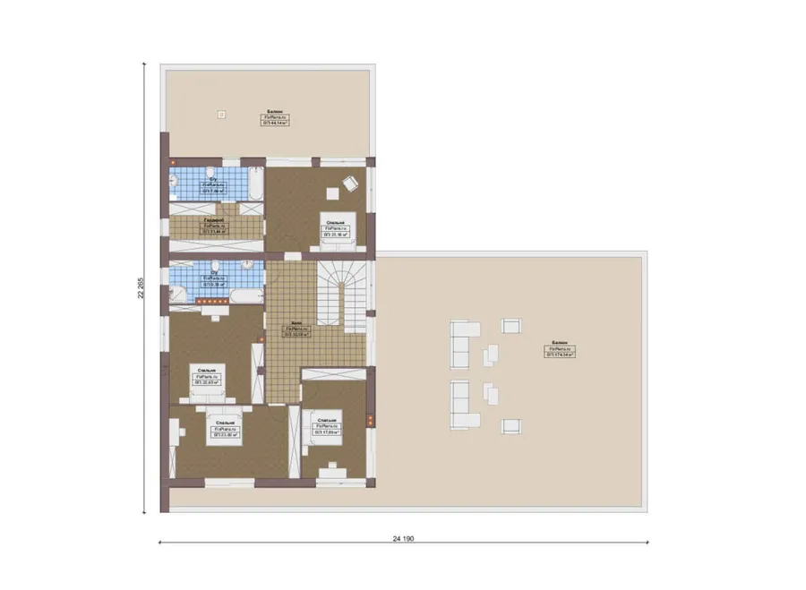 Проект двухэтажного дома 25 на 26, площадью 850 м² с террасой, балконом, гаражом на 2 машины и 5 спальнями — 2-й этаж