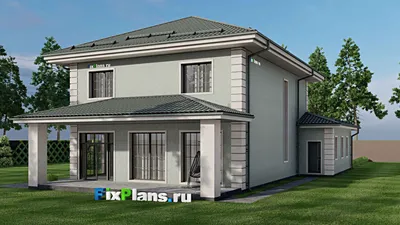 Проект двухэтажного дома 13 на 20, площадью 240 м² с террасой, гаражом на 2 машины и 3 спальнями — фасад 2