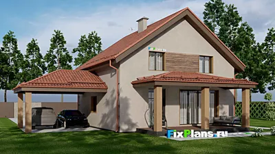 Проект дома с мансардой 11 на 11, площадью 250 м² с террасой, навесом для машины и 5 спальнями — фасад 2
