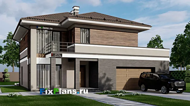 Проект двухэтажного дома 13 на 17, площадью 300 м² с террасой, балконом, гаражом на 2 машины и 4 спальнями
