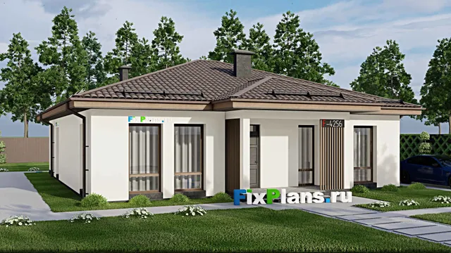 Проект одноэтажного дома 12 на 13, площадью 160 м² с террасой и 4 спальнями