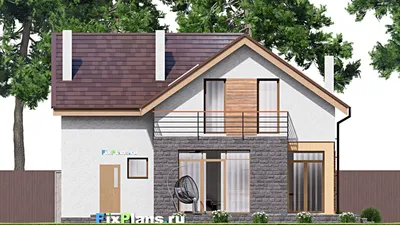 Проект дома с мансардой 13 на 16, площадью 240 м² с террасой, балконом, гаражом на 1 машину и 3 спальнями — фасад 6