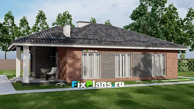 Проект одноэтажного дома 15 на 18, площадью 170 м² с террасой, баней и 3 спальнями — фасад 2