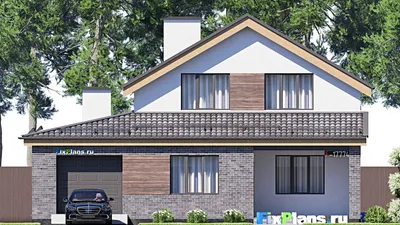 Проект дома с мансардой 14 на 16, площадью 270 м² с террасой, балконом, гаражом на 1 машину и 4 спальнями — фасад 3