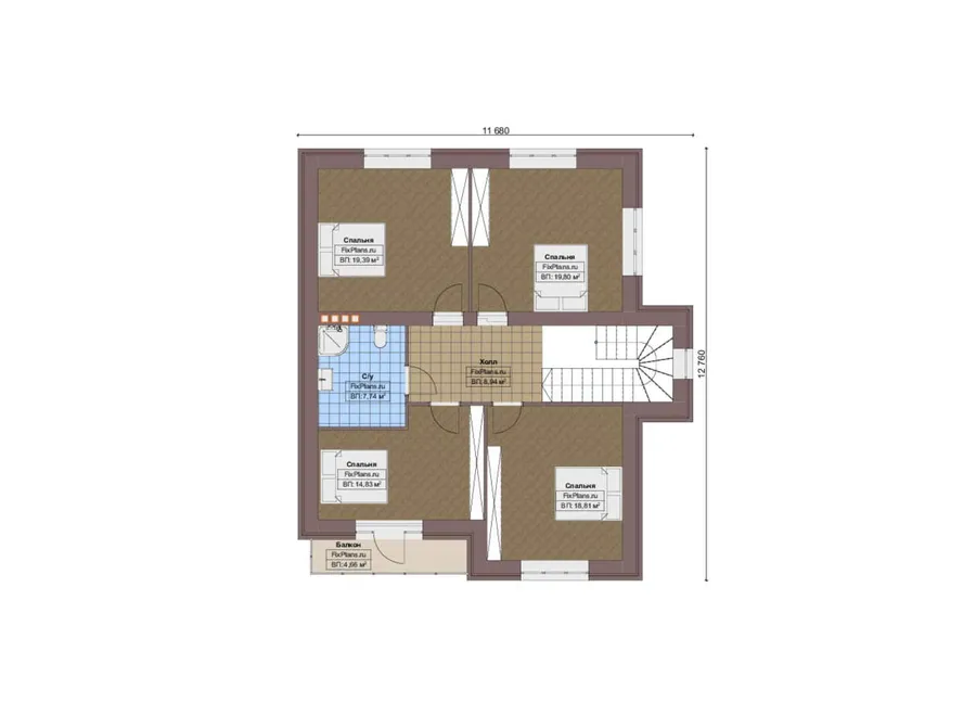 Проект двухэтажного дома 13 на 15, площадью 270 м² с террасой, балконом, гаражом на 2 машины и 5 спальнями — 2-й этаж