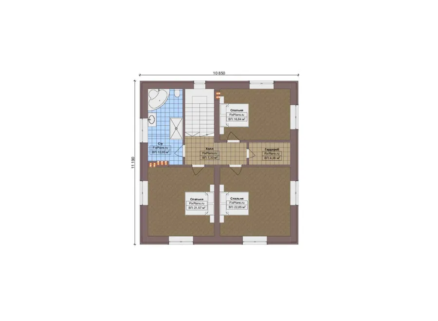 Проект двухэтажного дома 18 на 19, площадью 320 м² с террасой, гаражом на 2 машины и 3 спальнями — 2-й этаж