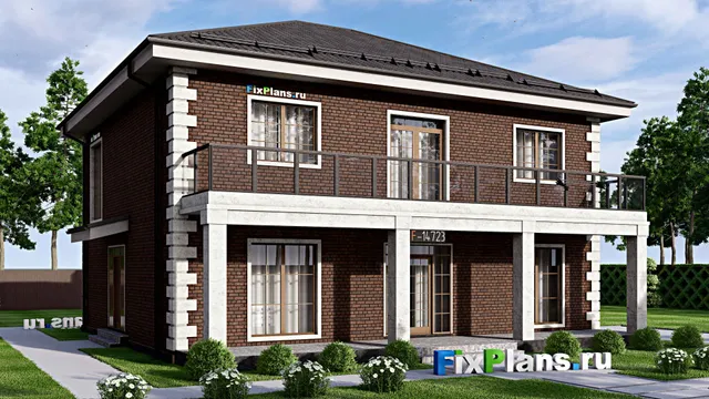 Проект двухэтажного дома 14 на 14, площадью 270 м² с террасой, балконом и 5 спальнями