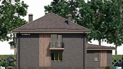Проект двухэтажного дома 17 на 17, площадью 290 м² с террасой, балконом, гаражом на 2 машины и 7 спальнями — фасад 4