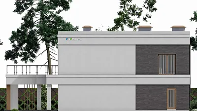 Проект двухэтажного дома 14 на 19, площадью 410 м² с террасой, балконом, баней и 5 спальнями — фасад 5