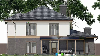 Проект двухэтажного дома 13 на 15, площадью 270 м² с террасой, балконом, гаражом на 2 машины и 5 спальнями — фасад 6