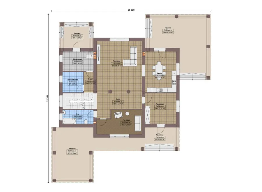 Проект двухэтажного дома 21 на 22, площадью 350 м² с террасой и 4 спальнями — 1-й этаж