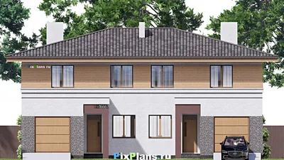 Проект двухэтажного дома 17 на 17, площадью 340 м² с балконом, гаражом на 2 машины и 6 спальнями — фасад 3