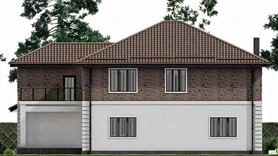 Проект двухэтажного дома 16 на 19, площадью 340 м² с террасой, гаражом на 2 машины и 5 спальнями — фасад 5