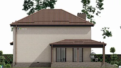 Проект двухэтажного дома 17 на 18, площадью 410 м² с террасой, цокольным этажом, баней, гаражом на 1 машину и 5 спальнями — фасад 5