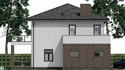 Проект двухэтажного дома 12 на 16, площадью 270 м² с террасой, балконом, гаражом на 1 машину и 4 спальнями — фасад 6