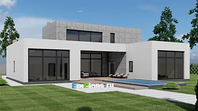 Проект двухэтажного дома 19 на 21, площадью 550 м² с террасой, балконом, баней, бассейном, спортзалом и 4 спальнями — фасад 2