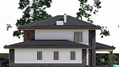 Проект двухэтажного дома 13 на 19, площадью 240 м² с террасой, гаражом на 1 машину и 4 спальнями — фасад 5