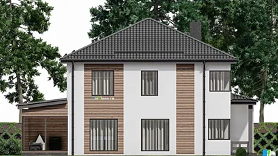 Проект двухэтажного дома 12 на 17, площадью 230 м² с террасой, баней и 4 спальнями (F-4049) — фасад 4