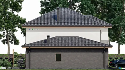 Проект двухэтажного дома 13 на 15, площадью 270 м² с террасой, балконом, гаражом на 2 машины и 5 спальнями — фасад 4