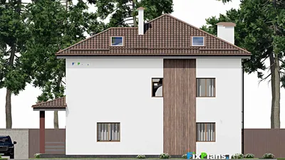 Проект двухэтажного дома 16 на 16, площадью 470 м² с террасой, балконом и 4 спальнями — фасад 6