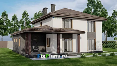 Проект двухэтажного дома 13 на 16, площадью 250 м² с террасой, гаражом на 1 машину и 4 спальнями — фасад 2