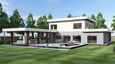 Проект двухэтажного дома 22 на 33, площадью 360 м² с террасой, баней, гаражом на 2 машины и 3 спальнями — фасад 2