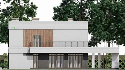 Проект двухэтажного дома 14 на 19, площадью 410 м² с террасой, балконом, баней и 5 спальнями — фасад 4