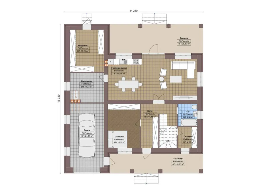 Проект двухэтажного дома 15 на 16, площадью 250 м² с террасой, гаражом на 1 машину и 4 спальнями — 1-й этаж