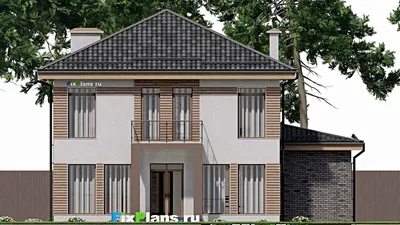 Проект двухэтажного дома 14 на 16, площадью 230 м² с террасой, балконом, гаражом на 1 машину и 5 спальнями — фасад 6