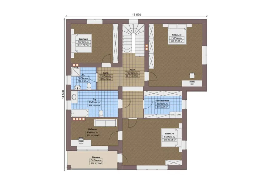 Проект двухэтажного дома 16 на 16, площадью 470 м² с террасой, балконом и 4 спальнями — 2-й этаж