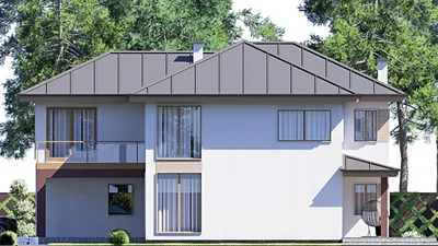 Проект двухэтажного дома 14 на 19, площадью 310 м² с террасой, балконом, гаражом на 2 машины и 4 спальнями — фасад 5
